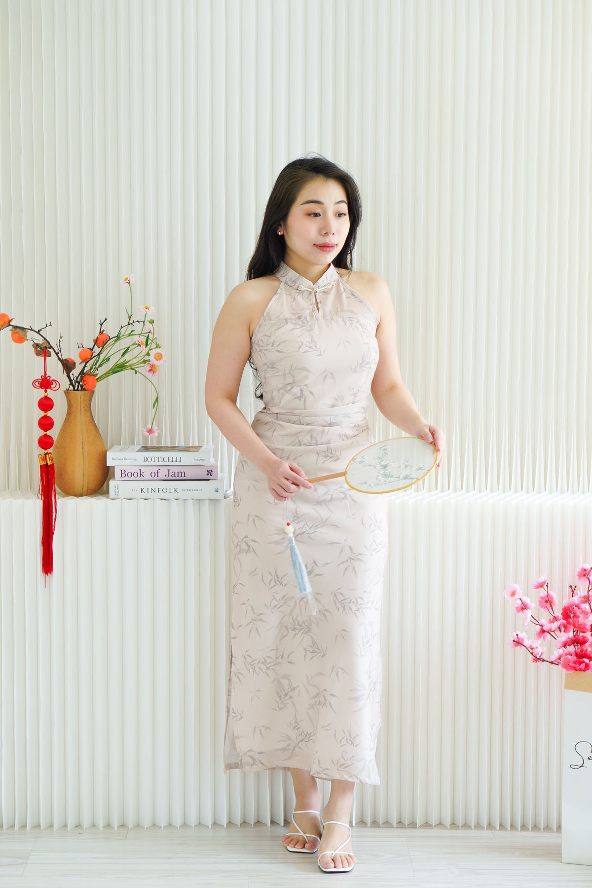 En Xi Long Halter Neck Leaves Cheongsam in Light Khaki