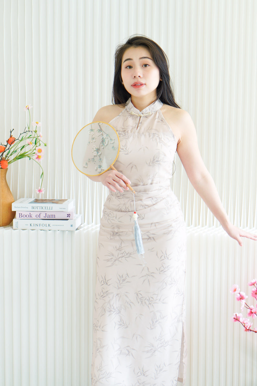 En Xi Long Halter Neck Leaves Cheongsam in Light Khaki