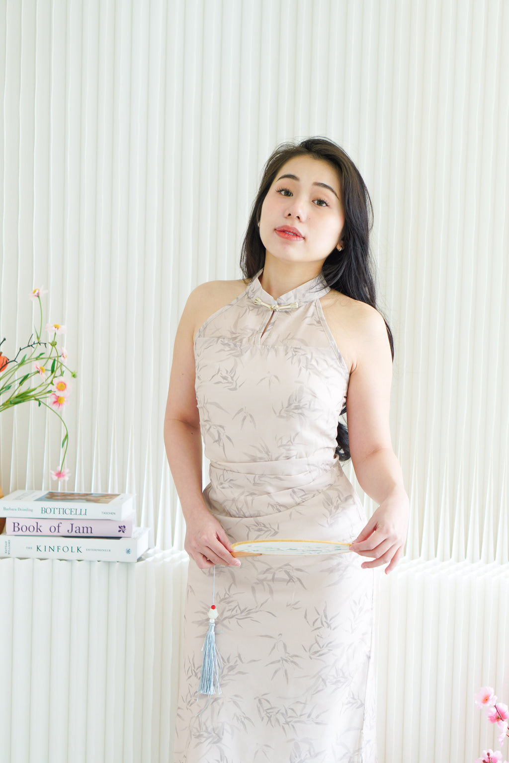 En Xi Long Halter Neck Leaves Cheongsam in Light Khaki
