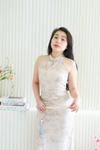 En Xi Long Halter Neck Leaves Cheongsam in Light Khaki