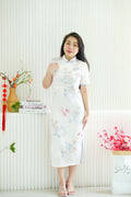 Xia Yun Long Floral Satin Cheongsam with Short Sleeves in White
