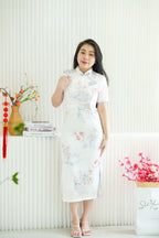 Xia Yun Long Floral Satin Cheongsam with Short Sleeves in White
