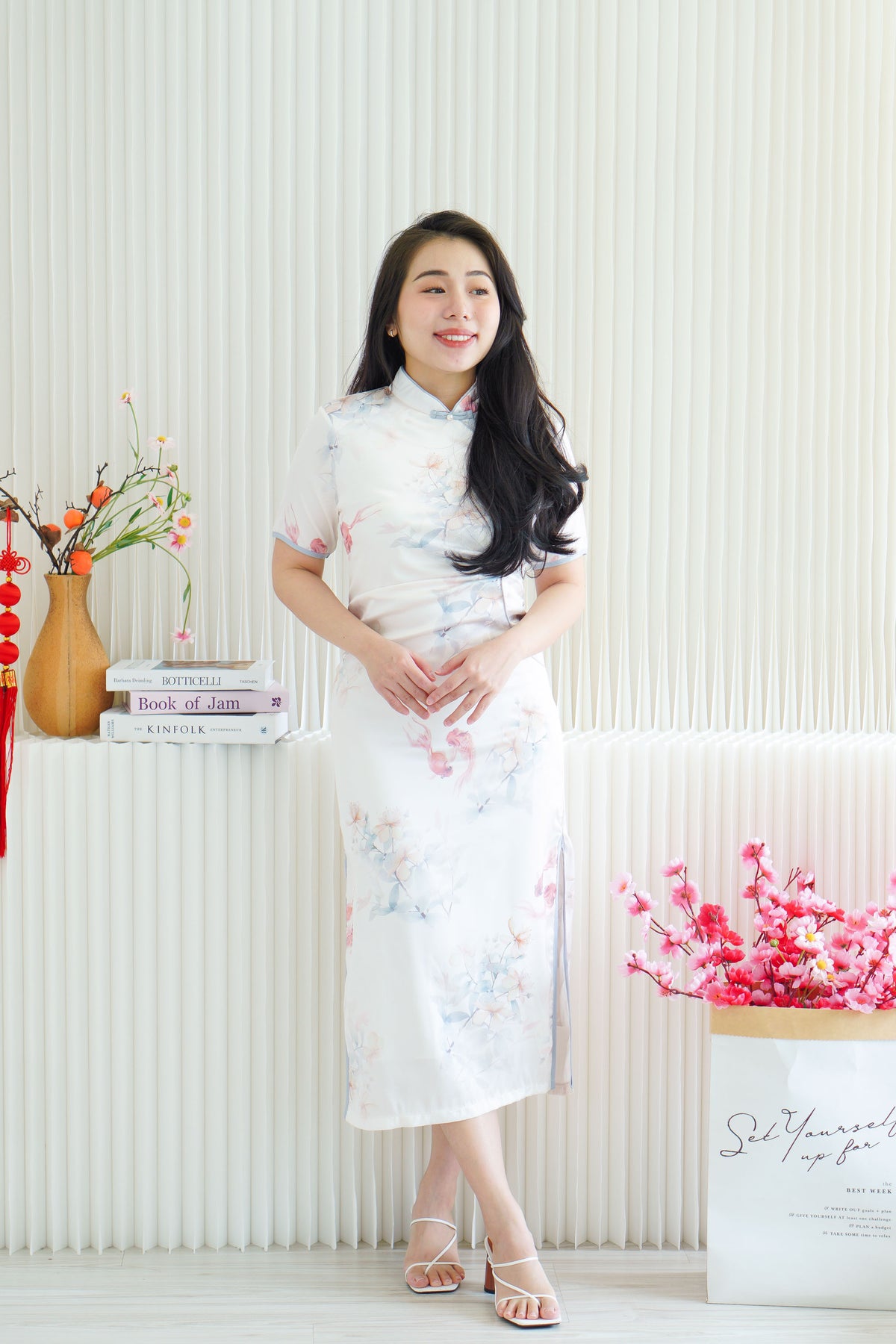 Xia Yun Long Floral Satin Cheongsam with Short Sleeves in White