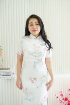Xia Yun Long Floral Satin Cheongsam with Short Sleeves in White