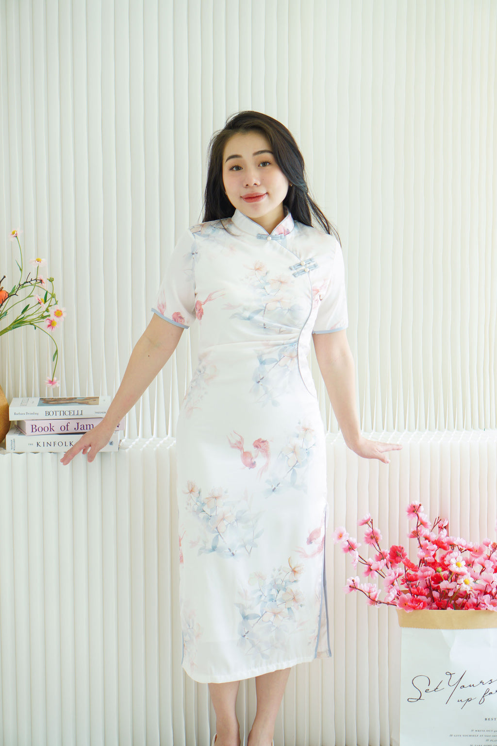 Xia Yun Long Floral Satin Cheongsam with Short Sleeves in White