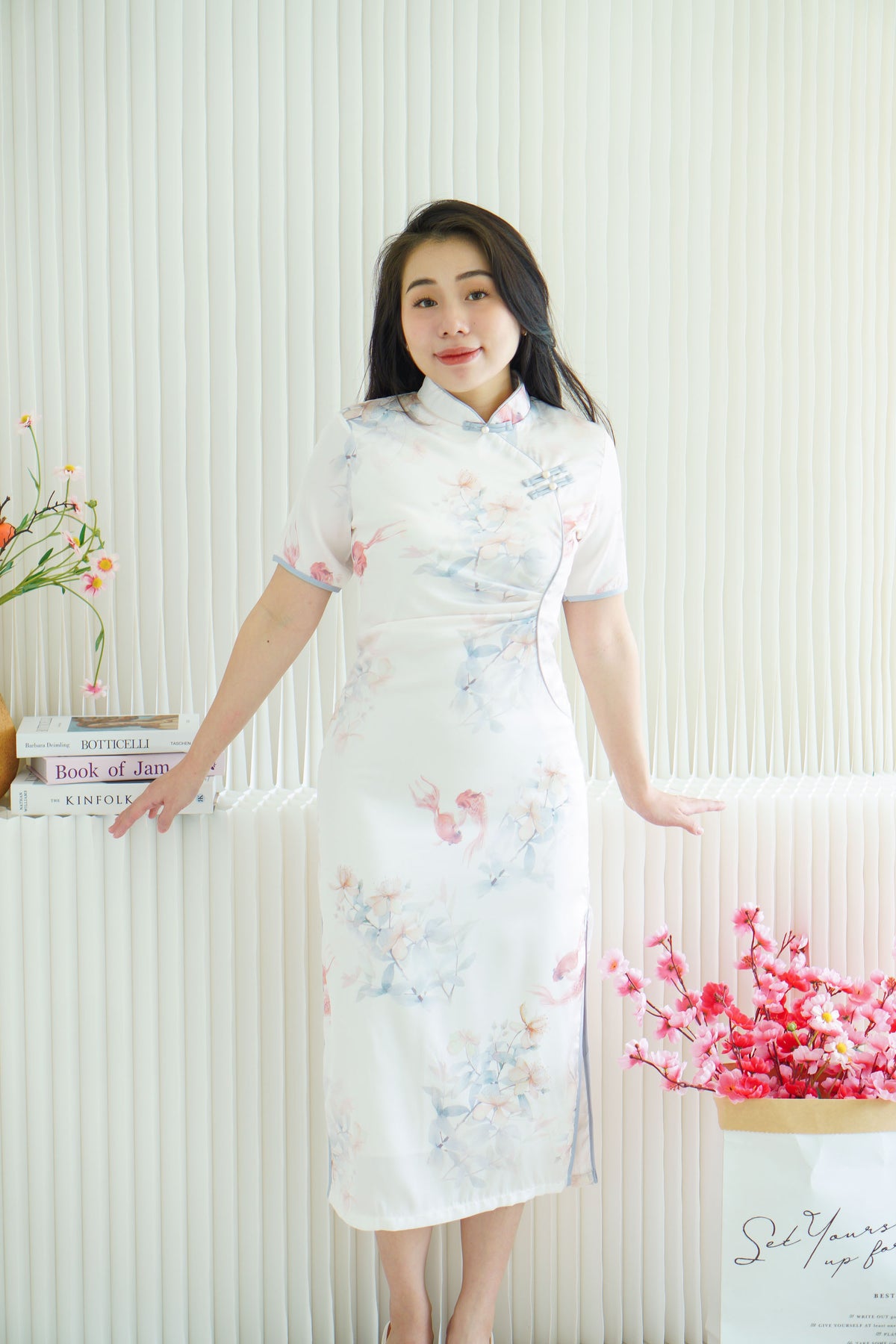 Xia Yun Long Floral Satin Cheongsam with Short Sleeves in White