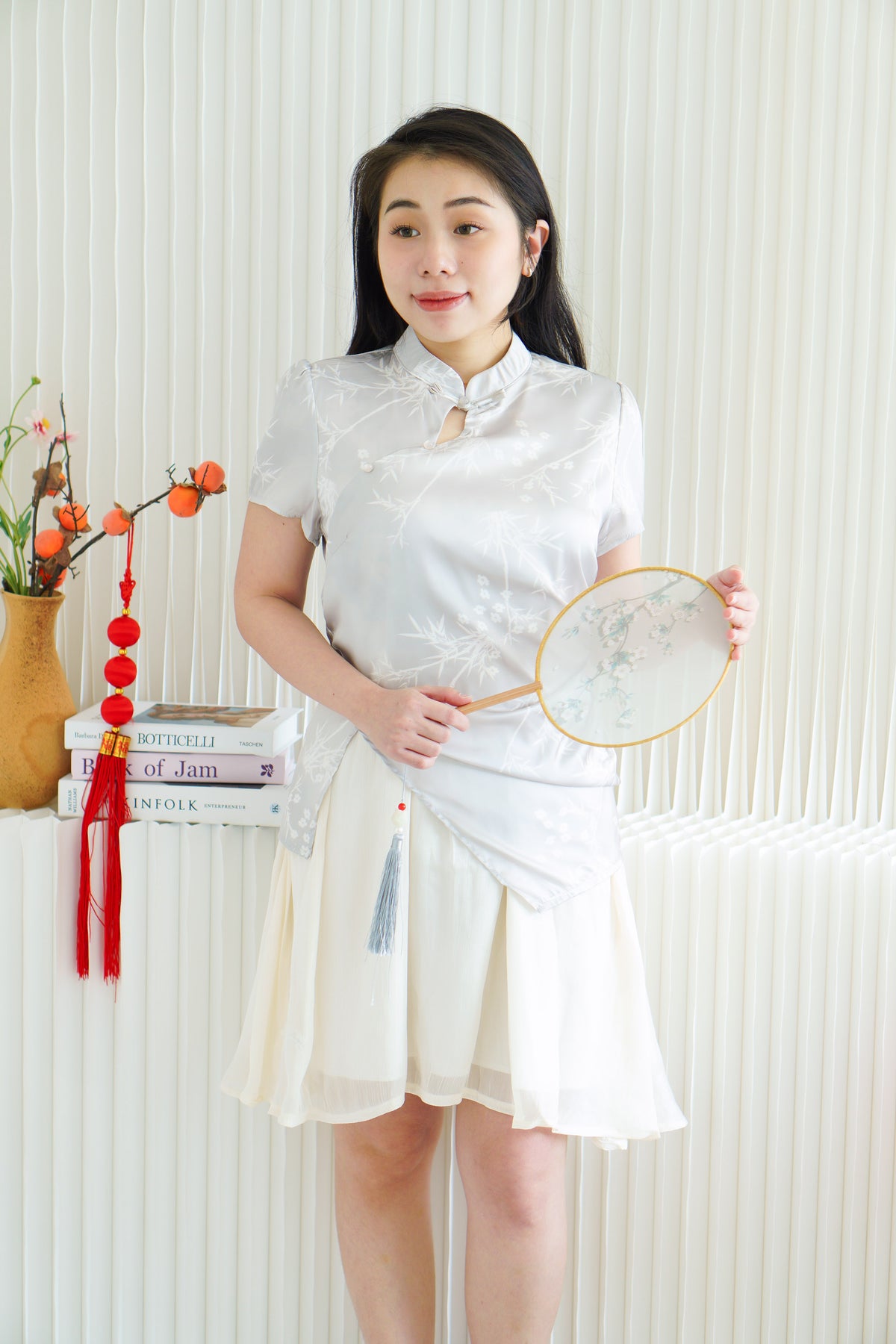 Yi Xin Faux 2 Piece Cheongsam Dress in Light Green and Cream