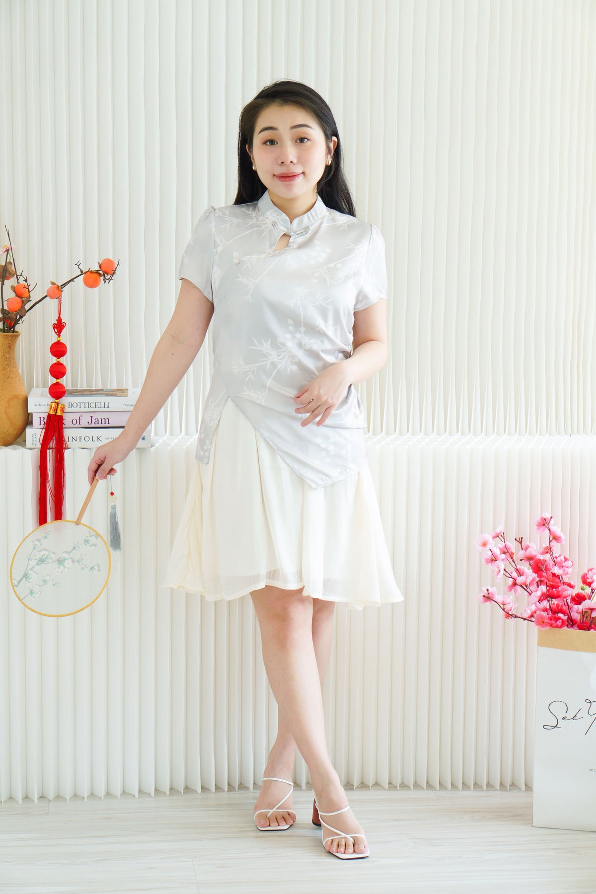 Yi Xin Faux 2 Piece Cheongsam Dress in Light Green and Cream