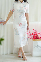 Xia Yun Long Floral Satin Cheongsam with Short Sleeves in White