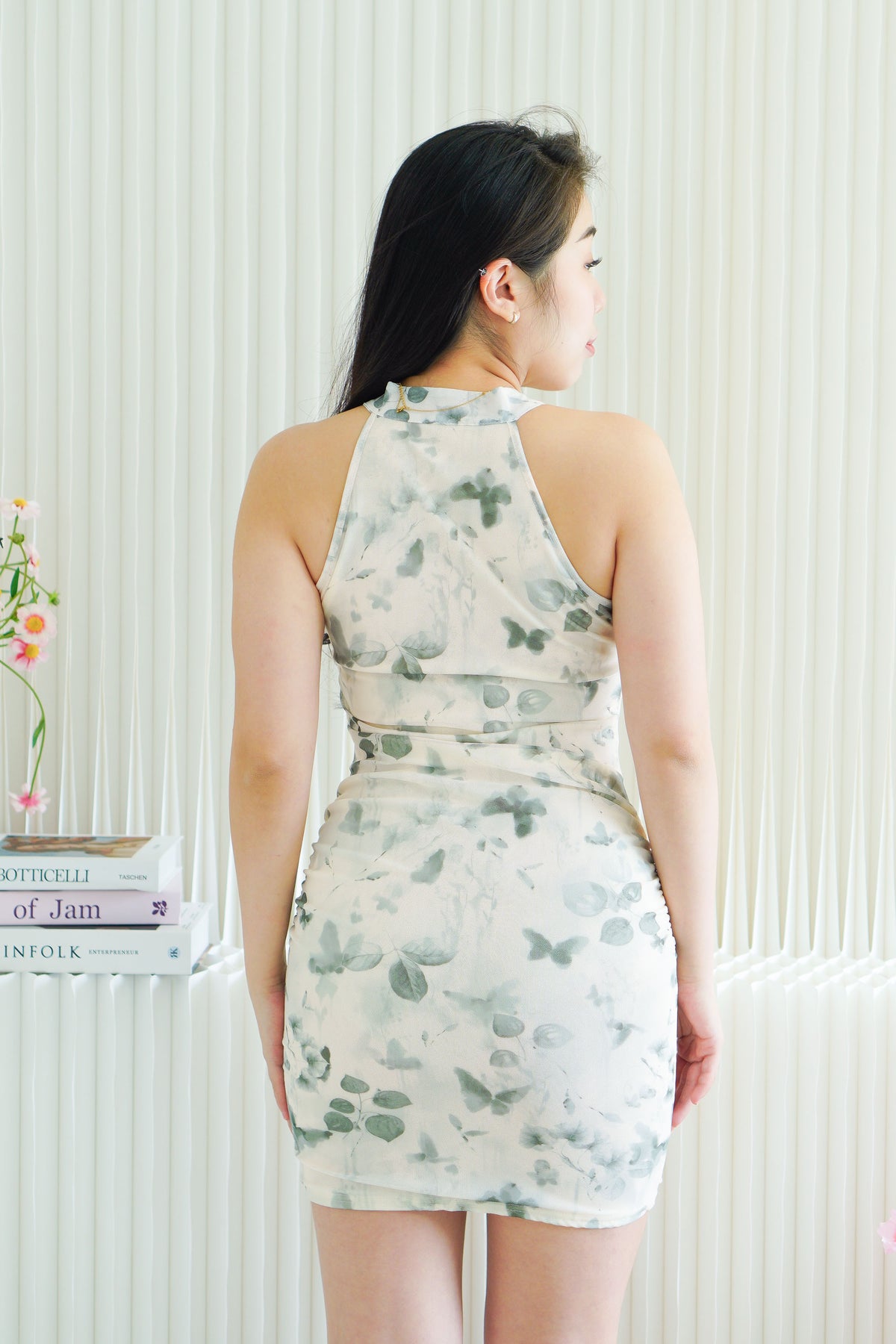 Qing Rui Short Halter Neck Floral Cheongsam in Green and Cream