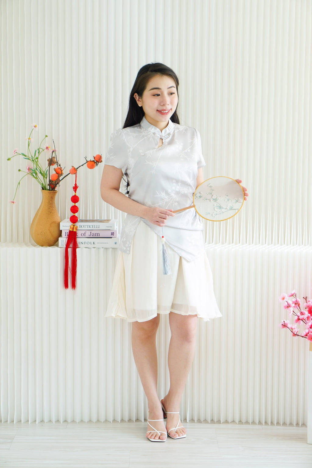 Yi Xin Faux 2 Piece Cheongsam Dress in Light Green and Cream