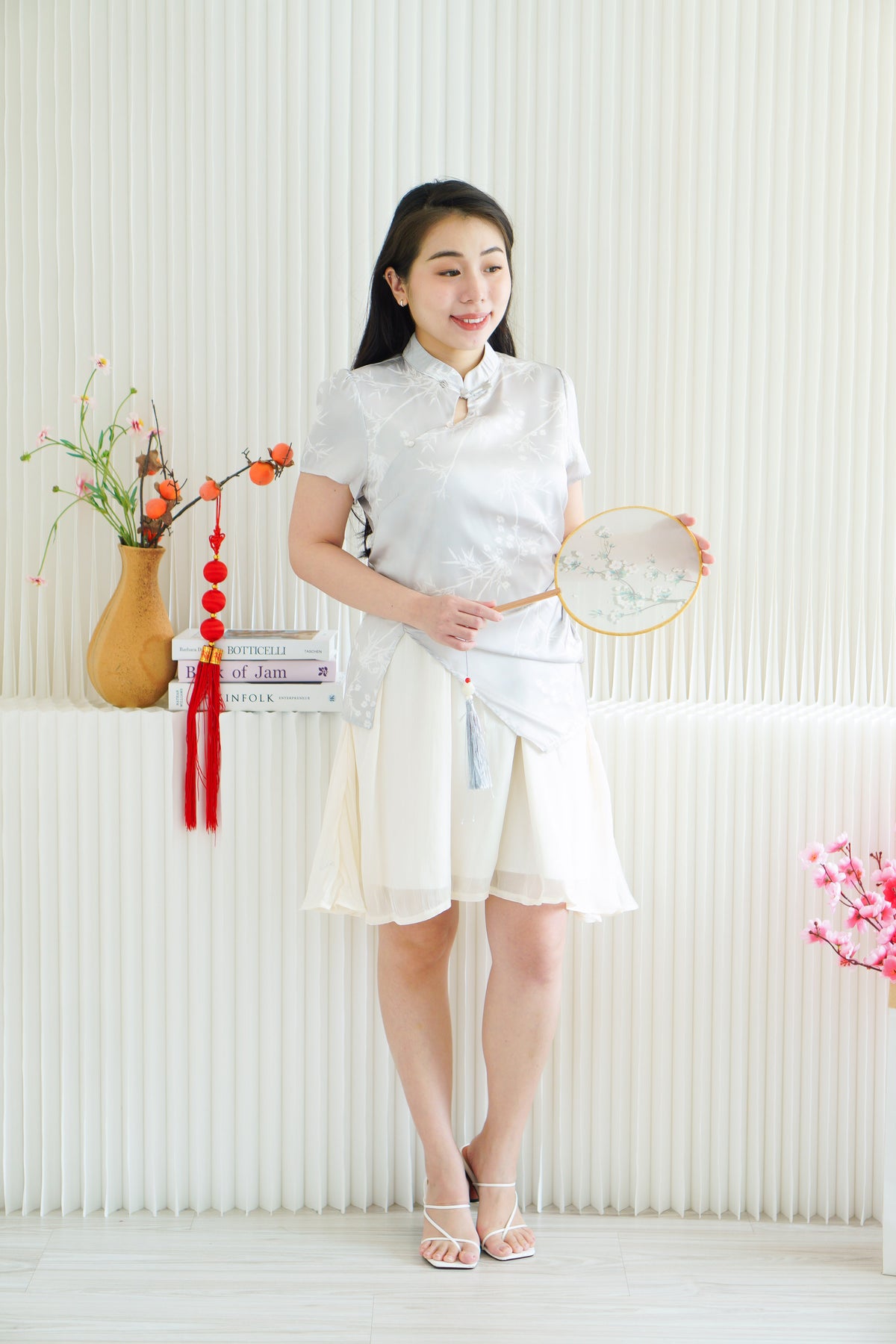 Yi Xin Faux 2 Piece Cheongsam Dress in Light Green and Cream