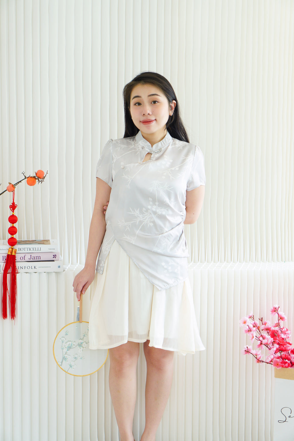 Yi Xin Faux 2 Piece Cheongsam Dress in Light Green and Cream