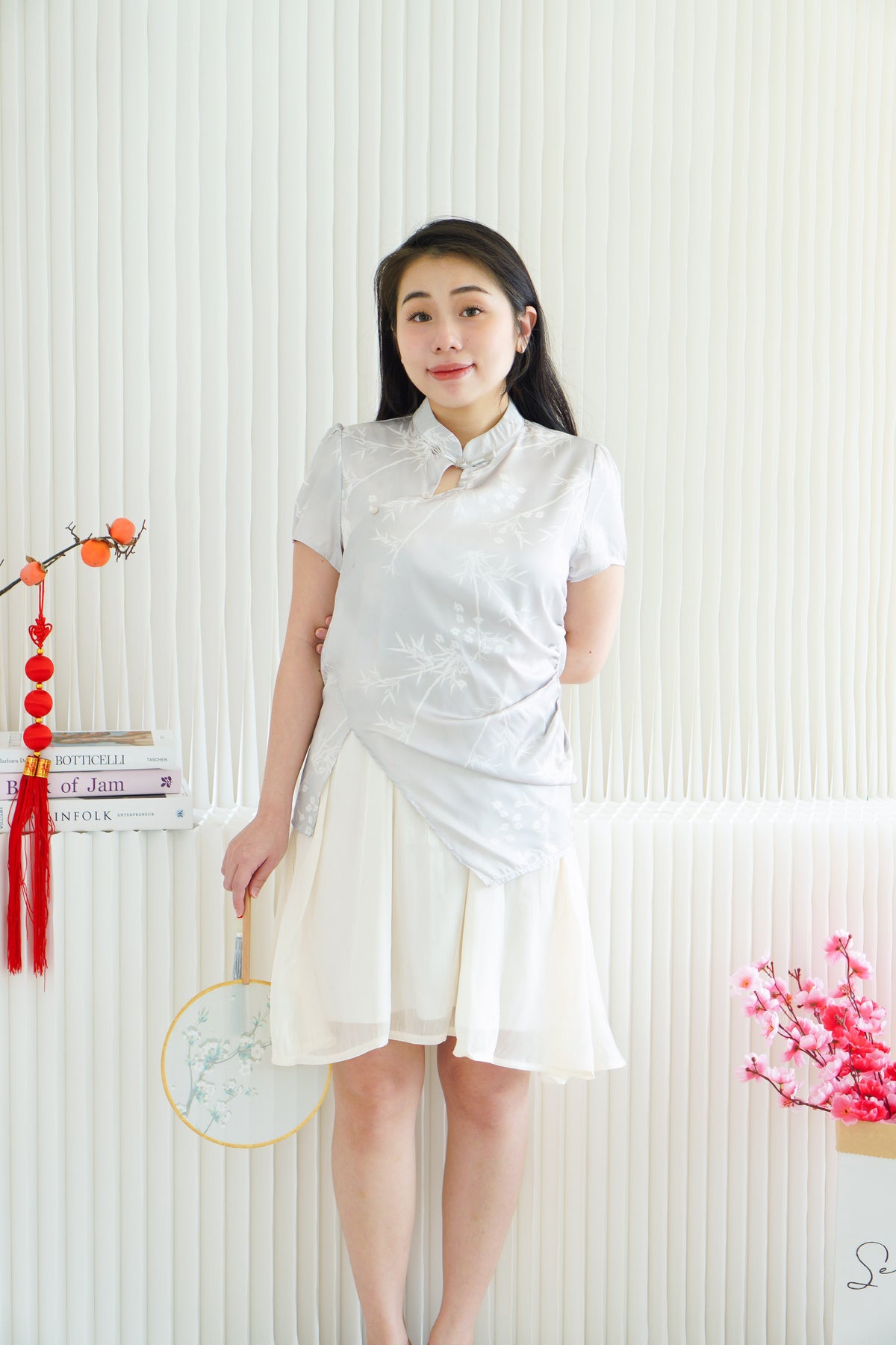 Yi Xin Faux 2 Piece Cheongsam Dress in Light Green and Cream