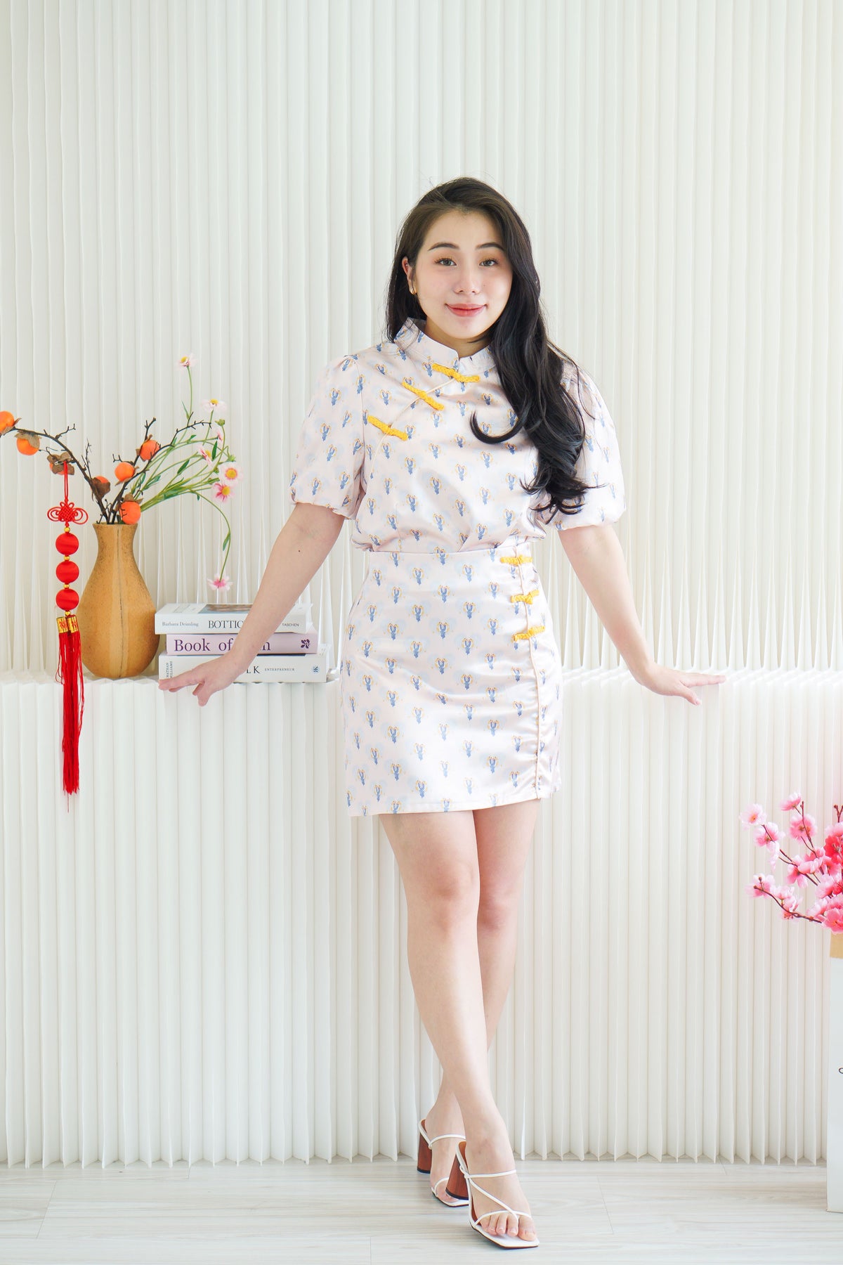 Hua Shu Printed 2 Piece Satin Cheongsam Skirt Set in Cream