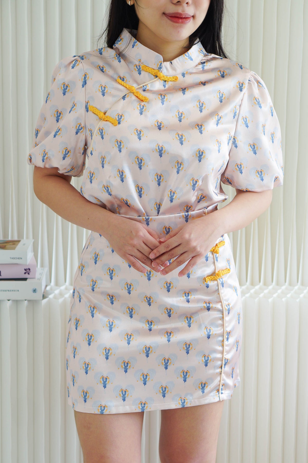 Hua Shu Printed 2 Piece Satin Cheongsam Skirt Set in Cream