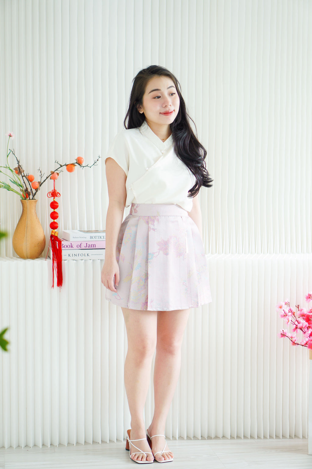 Ya Qi Printed Pleated Short Skirt in Purple