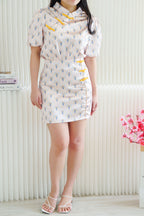 Hua Shu Printed 2 Piece Satin Cheongsam Skirt Set in Cream