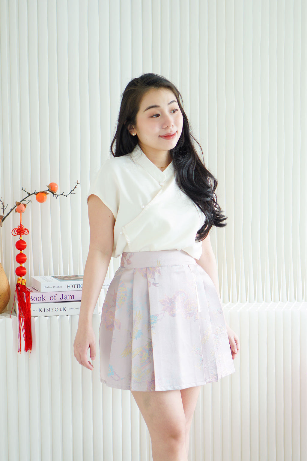 Ya Qi Printed Pleated Short Skirt in Purple