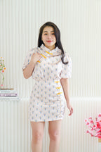 Hua Shu Printed 2 Piece Satin Cheongsam Skirt Set in Cream