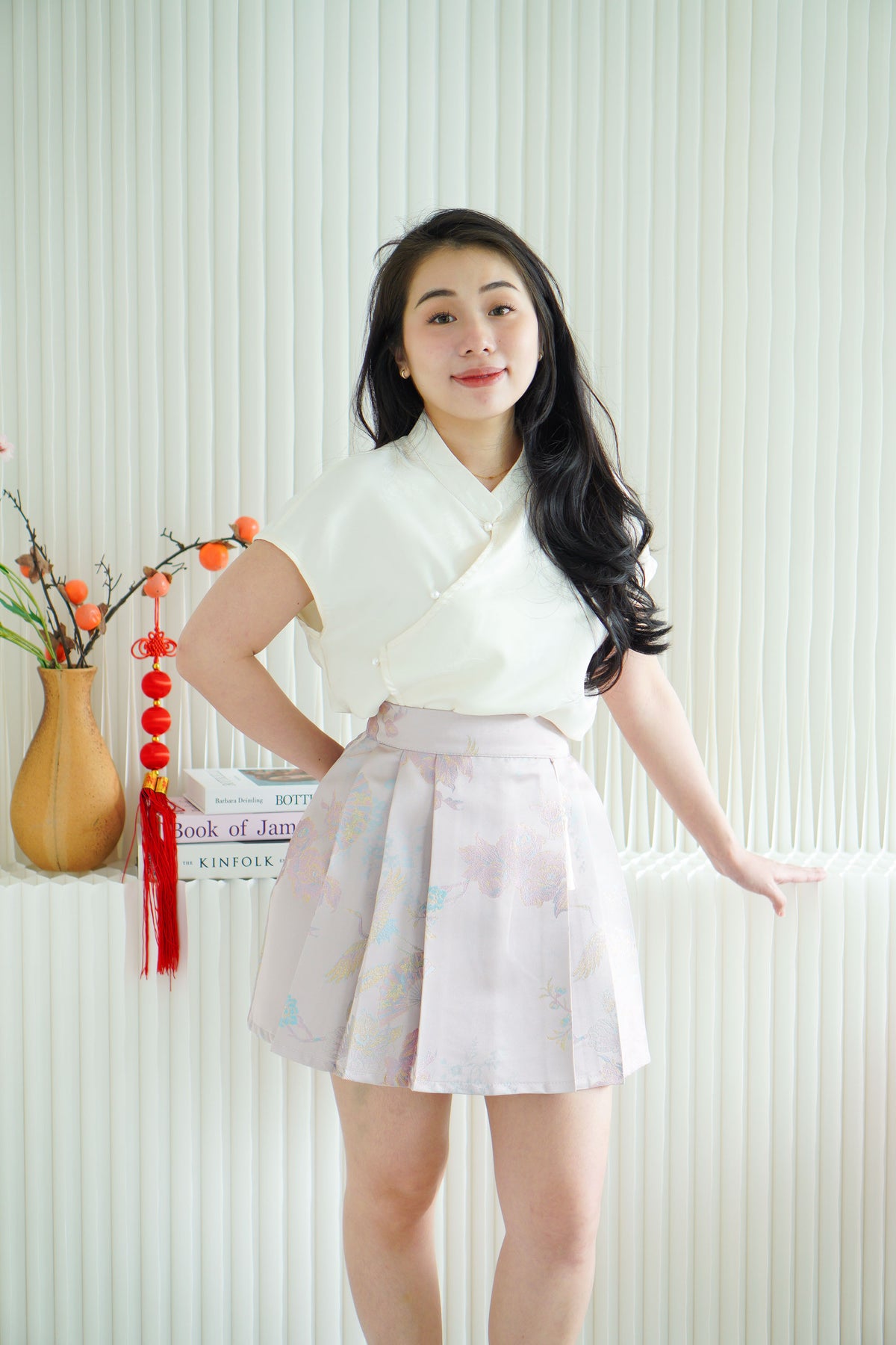 Ya Qi Printed Pleated Short Skirt in Purple