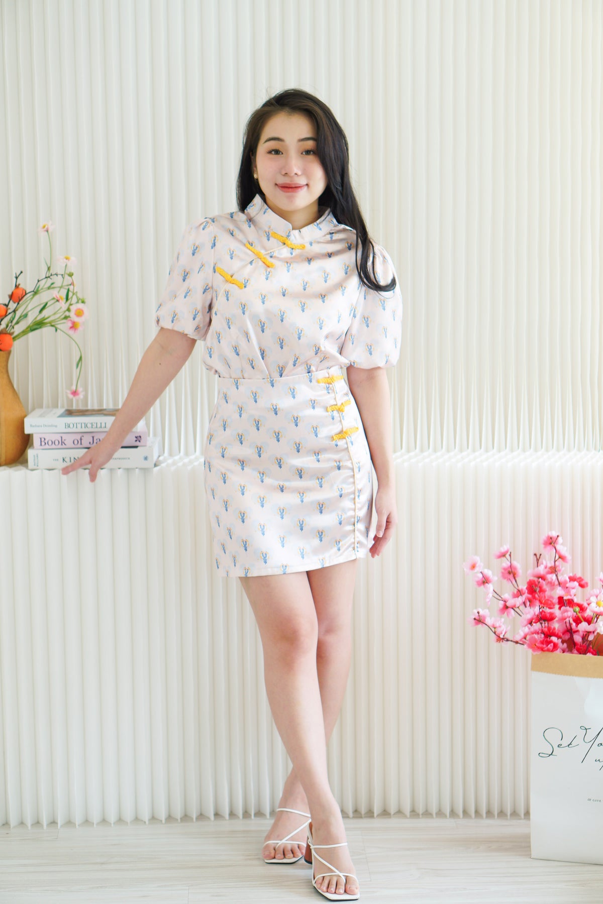 Hua Shu Printed 2 Piece Satin Cheongsam Skirt Set in Cream
