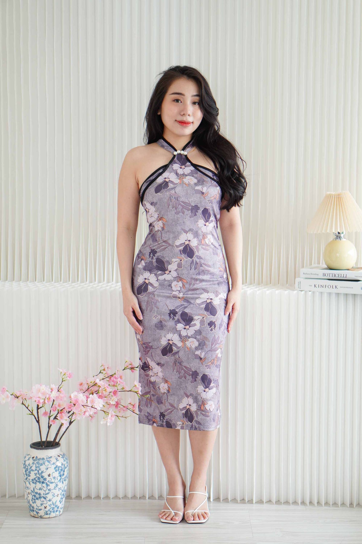 Xiu Ran Halter Neck Pearls Maxi Cheongsam in Dark Purple