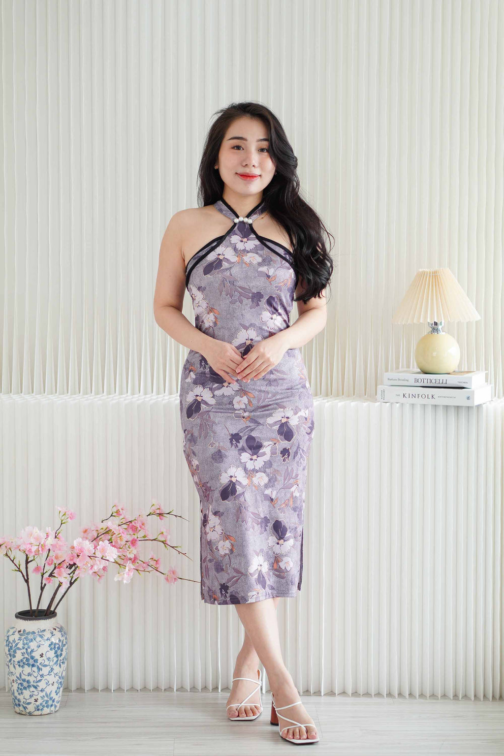 Xiu Ran Halter Neck Pearls Maxi Cheongsam in Dark Purple