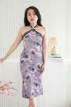 Xiu Ran Halter Neck Pearls Maxi Cheongsam in Dark Purple
