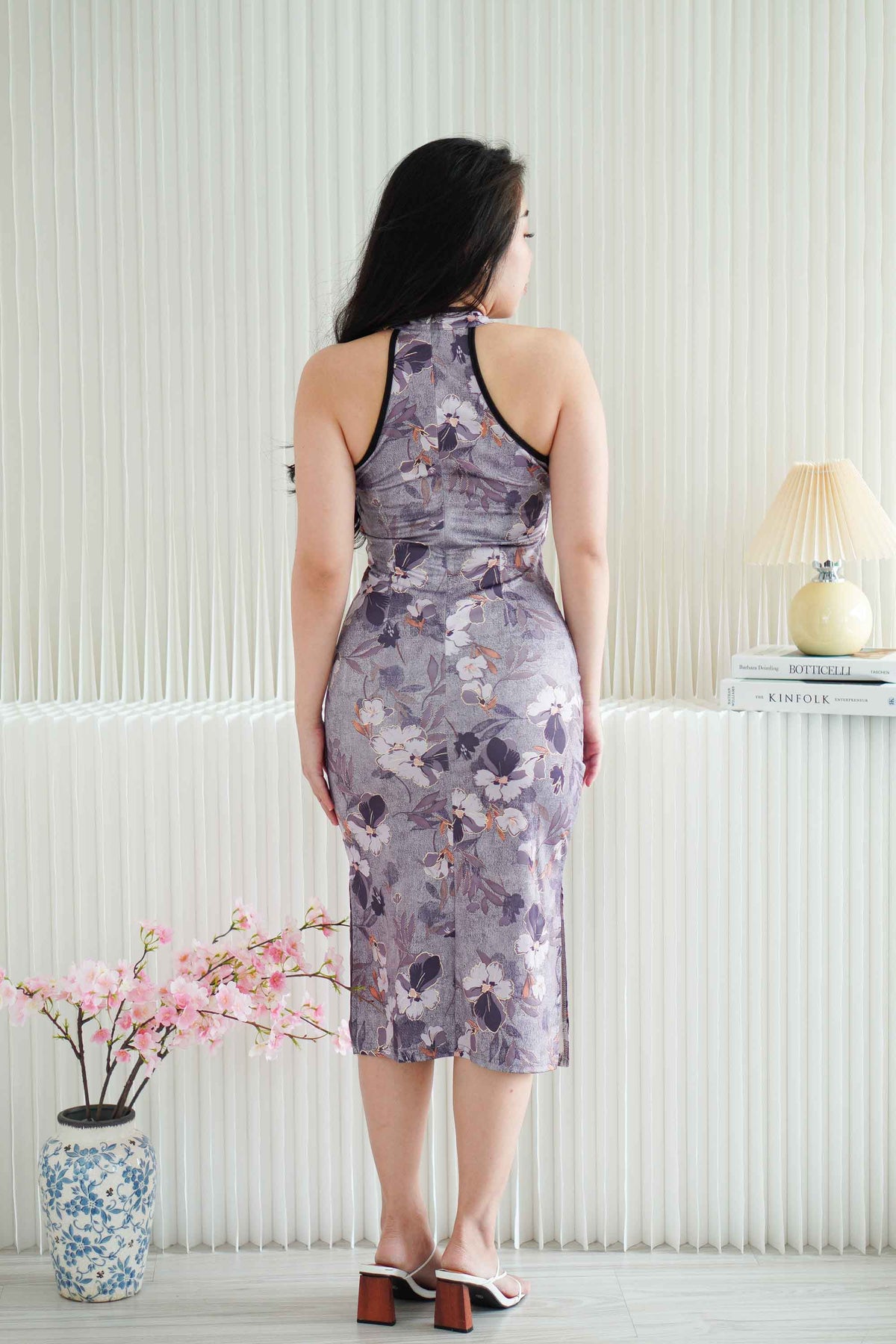 Xiu Ran Halter Neck Pearls Maxi Cheongsam in Dark Purple