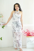 Dan Zhu Long Bamboo Leaves Halter Neck Mesh Cheongsam in Cream