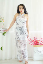 Dan Zhu Long Bamboo Leaves Halter Neck Mesh Cheongsam in Cream