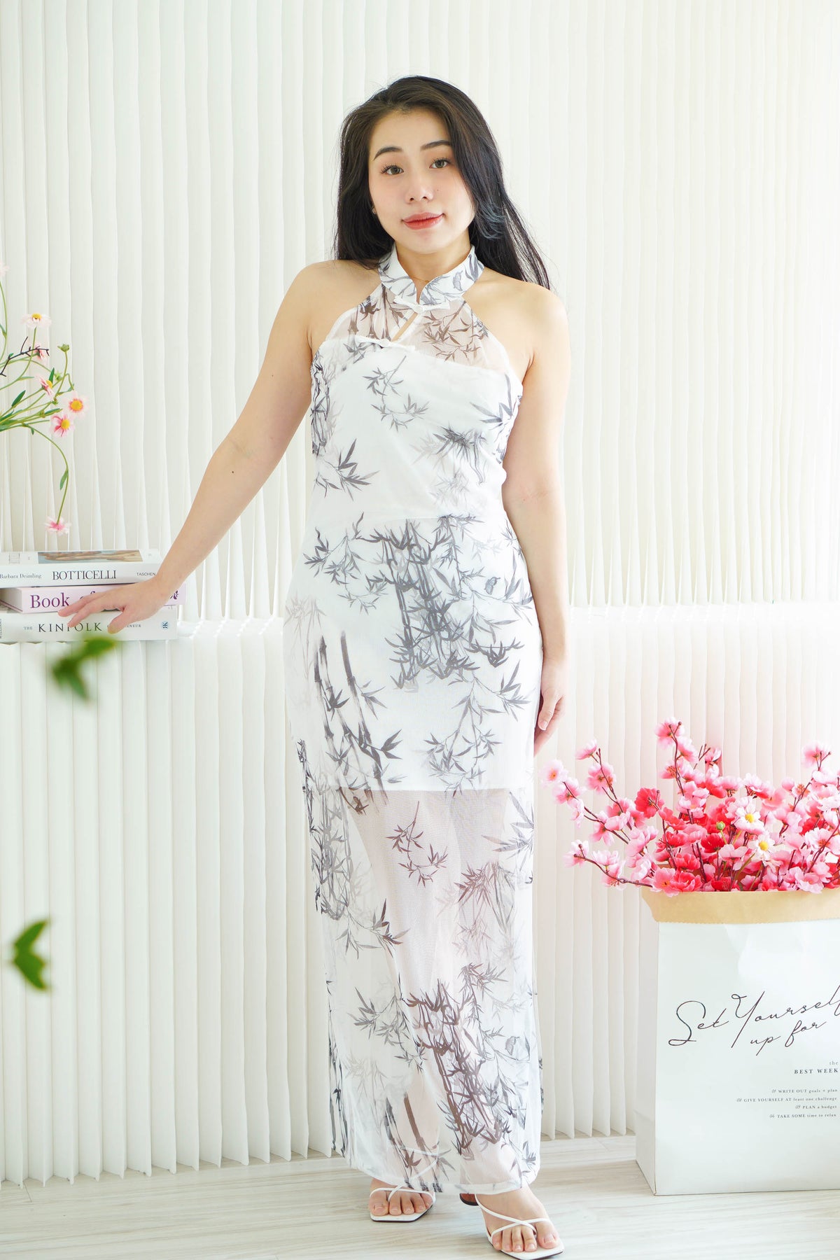 Dan Zhu Long Bamboo Leaves Halter Neck Mesh Cheongsam in Cream