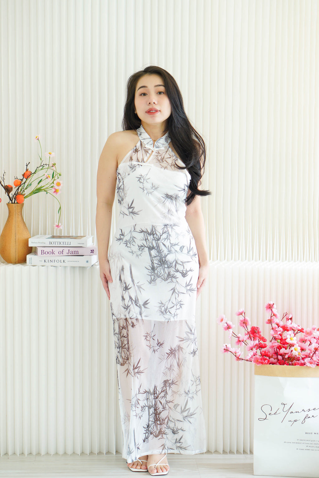Dan Zhu Long Bamboo Leaves Halter Neck Mesh Cheongsam in Cream