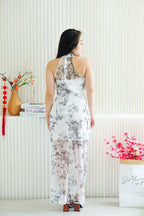 Dan Zhu Long Bamboo Leaves Halter Neck Mesh Cheongsam in Cream
