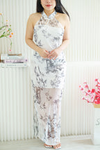 Dan Zhu Long Bamboo Leaves Halter Neck Mesh Cheongsam in Cream
