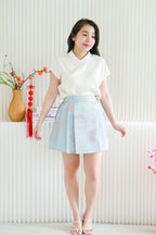 Ya Qi Printed Pleated Short Skirt in Blue