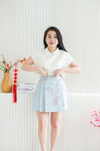 Ya Qi Printed Pleated Short Skirt in Blue