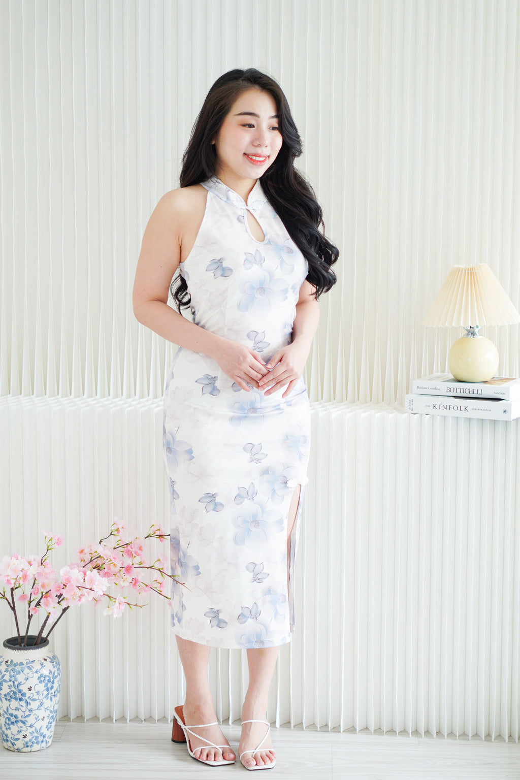 Xiao Lan Long Halter Neck Floral Cheongsam in White and Blue