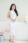 Xiao Lan Long Halter Neck Floral Cheongsam in White and Blue