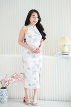 Xiao Lan Long Halter Neck Floral Cheongsam in White and Blue