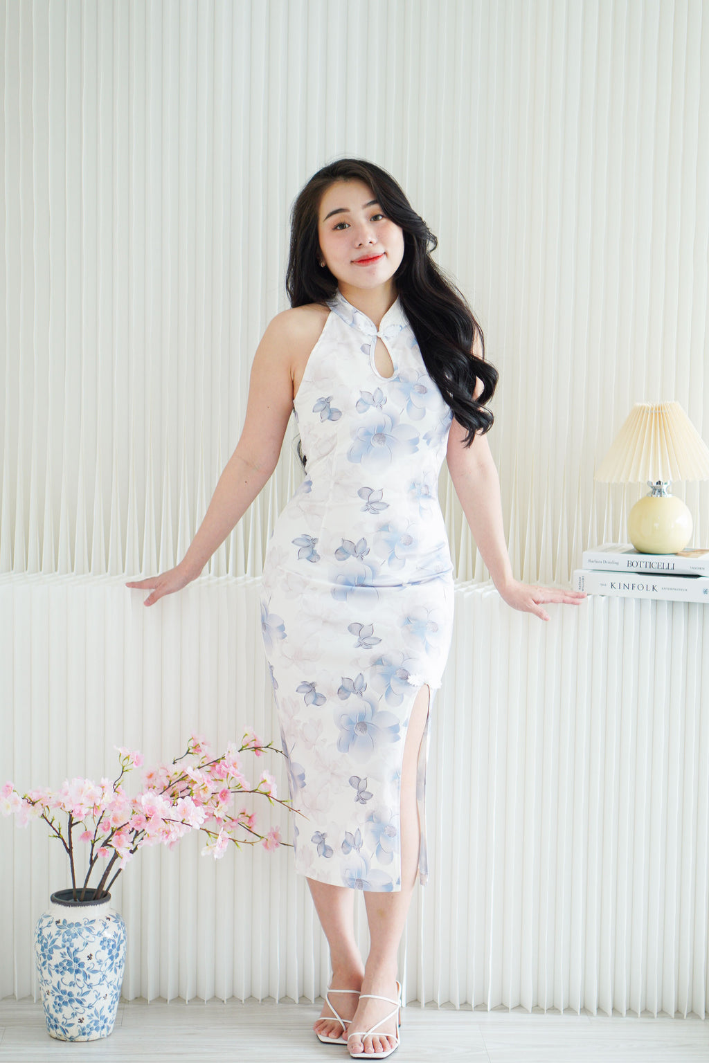 Xiao Lan Long Halter Neck Floral Cheongsam in White and Blue