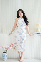 Xiao Lan Long Halter Neck Floral Cheongsam in White and Blue