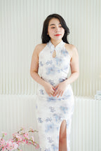 Xiao Lan Long Halter Neck Floral Cheongsam in White and Blue
