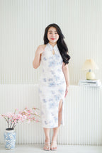 Xiao Lan Long Halter Neck Floral Cheongsam in White and Blue