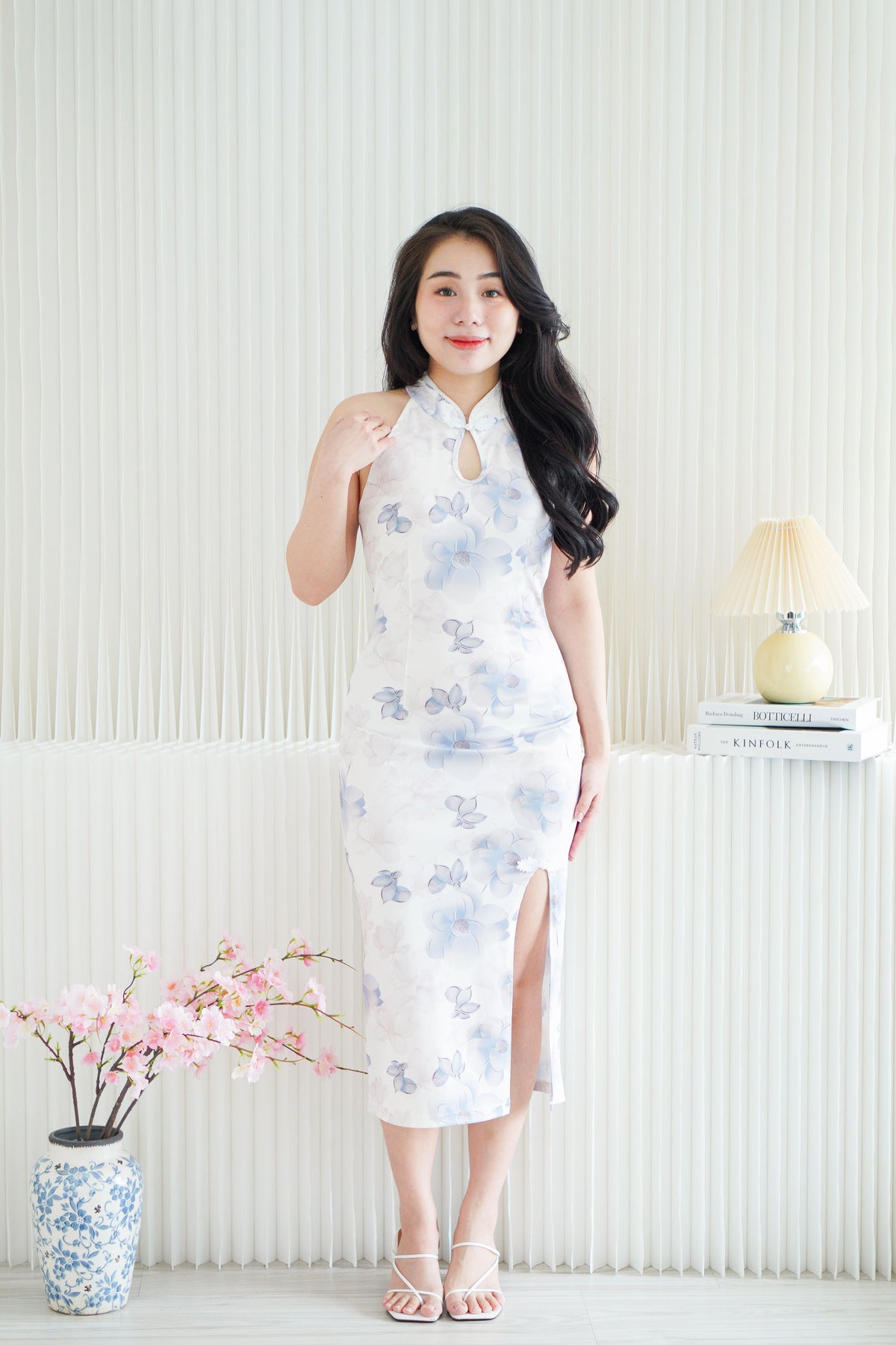 Xiao Lan Long Halter Neck Floral Cheongsam in White and Blue