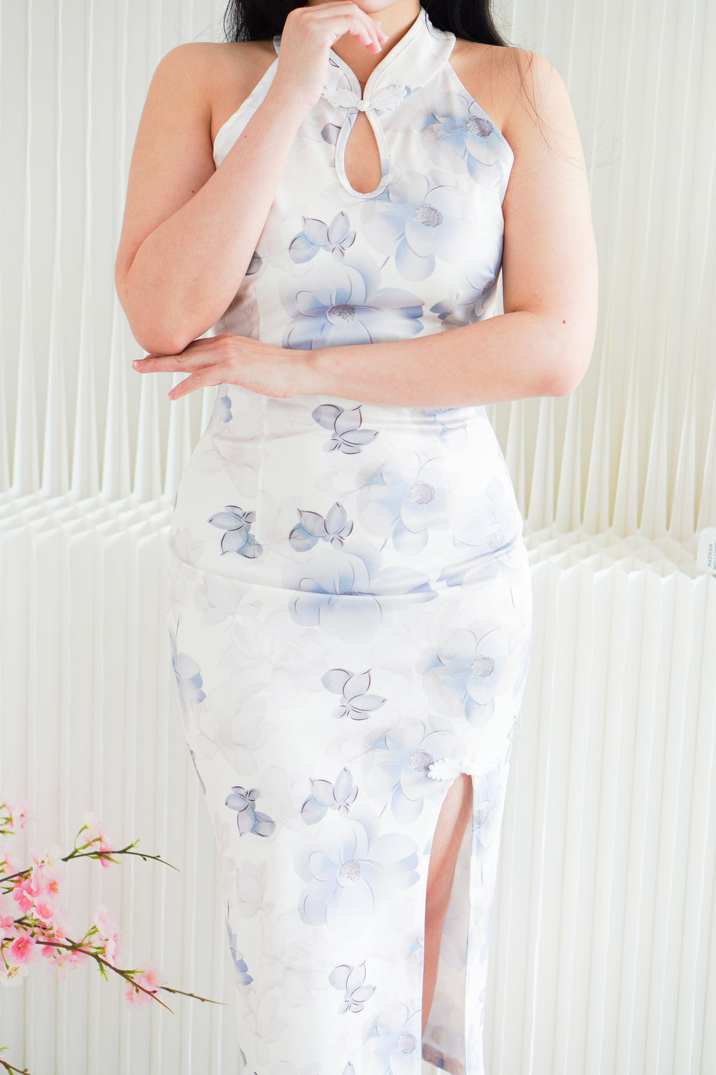 Xiao Lan Long Halter Neck Floral Cheongsam in White and Blue