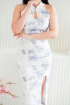 Xiao Lan Long Halter Neck Floral Cheongsam in White and Blue