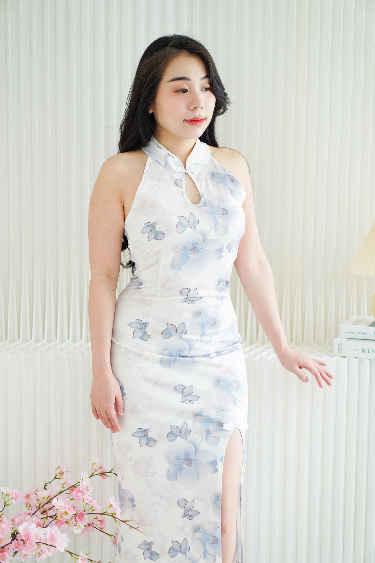 Xiao Lan Long Halter Neck Floral Cheongsam in White and Blue
