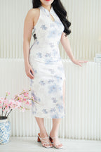 Xiao Lan Long Halter Neck Floral Cheongsam in White and Blue